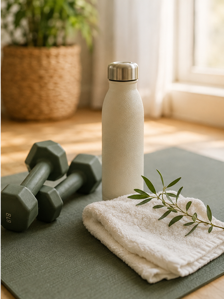 Dumbbells, water bottle, and yoga mat representing exercise and functional movement